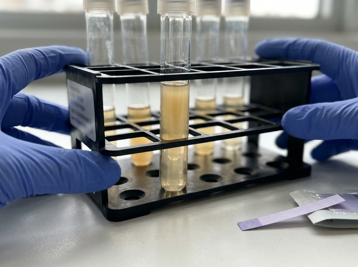 Thioglycollate broth showing oxygen gradient with aerobic-zone growth