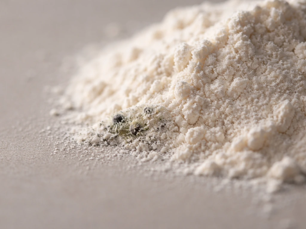 Macro view of flour showing subtle mold specks against clean, dry flour backdrop.