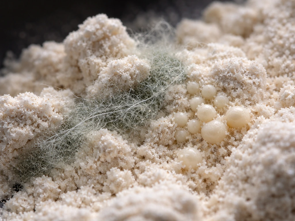 Macro close-up of flour showing mold hyphae, yeast-like clusters, and faint bacterial speckling on particles.