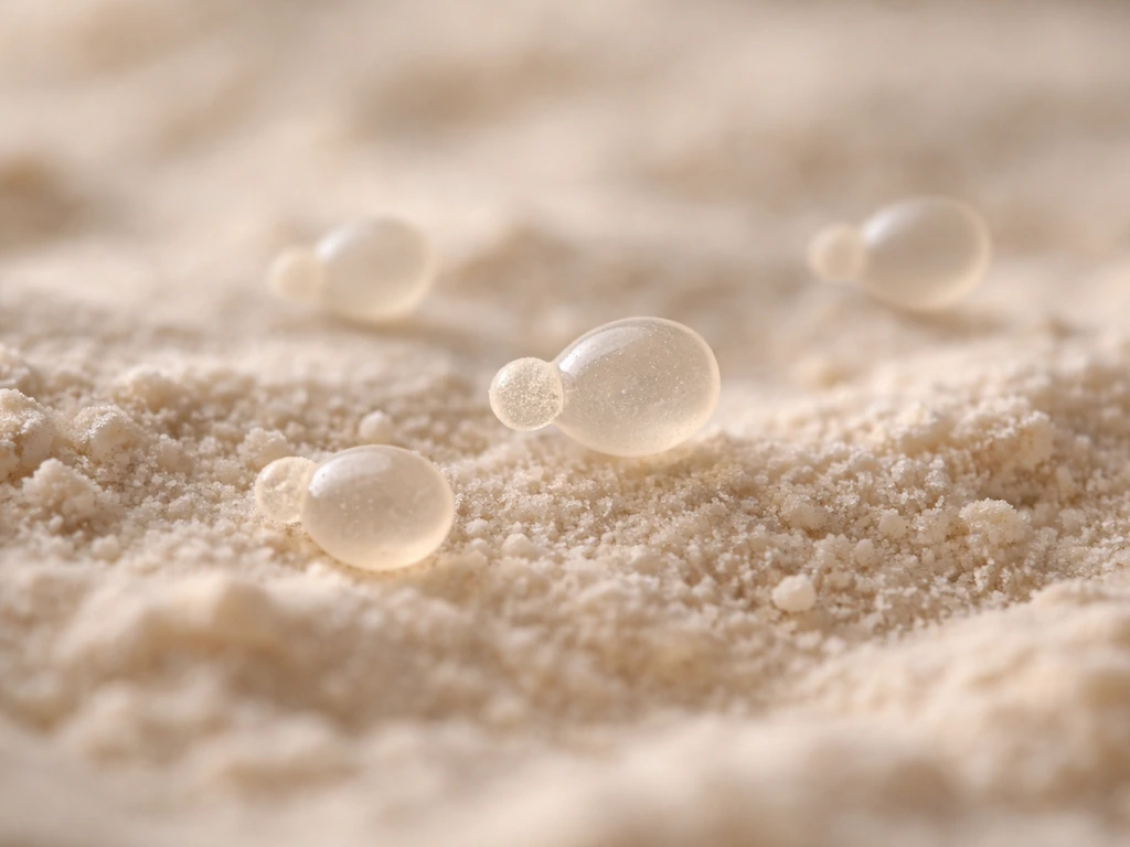 Microscopic-style single-celled yeast forms suspended above dry flour grains, showing subtle moisture needed