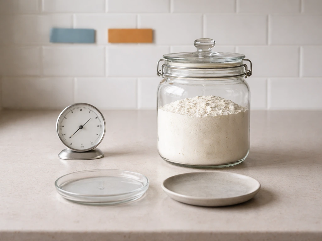 Minimal photo of flour jar beside a thermometer, with cool blue and warm orange cues.