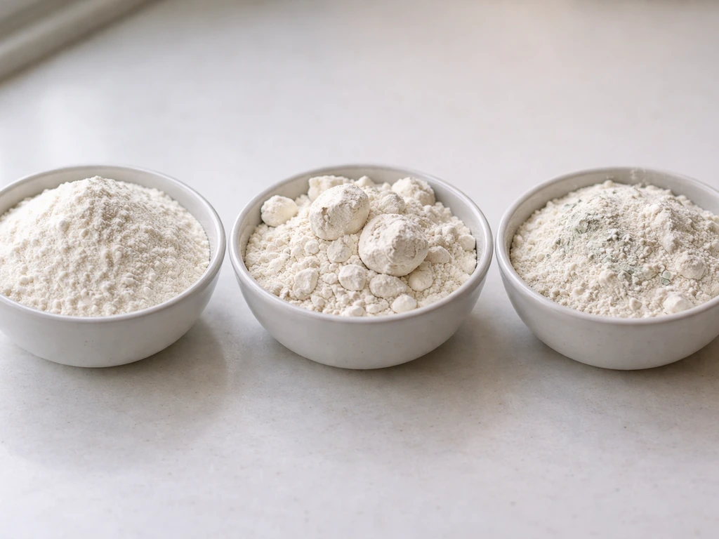 Three side-by-side flour samples: fine powder, stubborn clumps, and slightly discolored patches suggesting spoilage.