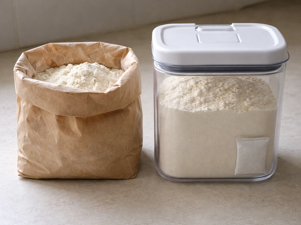 Open paper flour bag beside airtight container with desiccant, showing reduced moisture exposure concept.