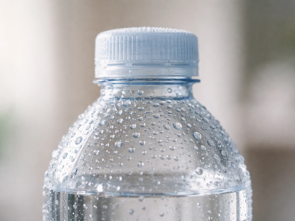 Sealed distilled-water bottle with fresh condensation droplets on the glass, minimal and purity-focused.