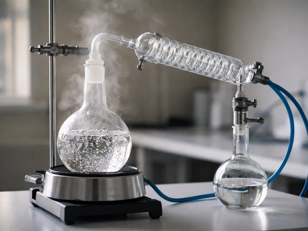 Minimal distillation apparatus with boiling water, steam, and condensed droplets collecting in a flask.
