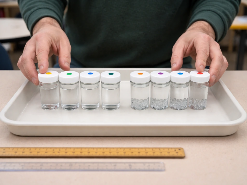Overhead-like classroom table scene with sealed clear containers showing a fresh vs handled comparison.