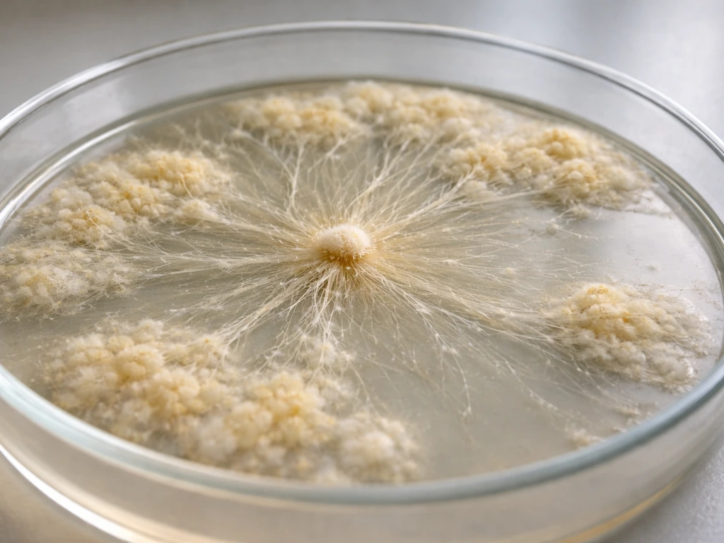 Close-up of microbial colonies expanding on a petri dish surface with soft, natural lighting.