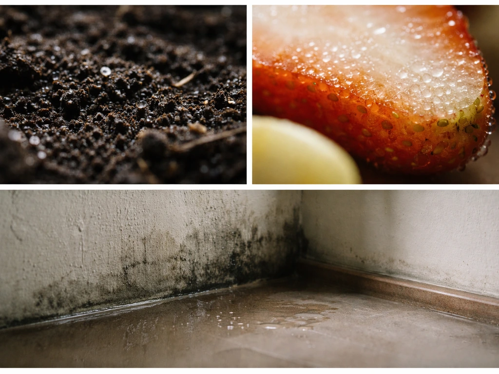 Minimal photo collage showing soil, moist food surface, and damp indoor corner as microbial growth areas