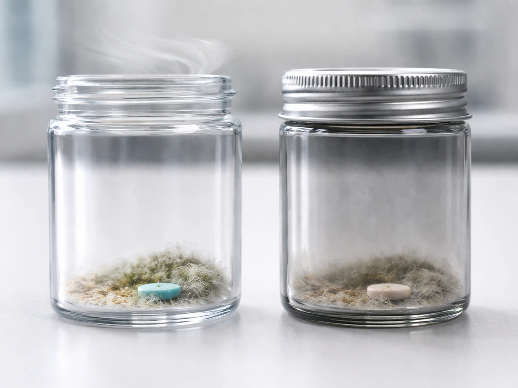 Two sealed lab containers side-by-side, one exposed to air and one airtight, each with small microbial growth.