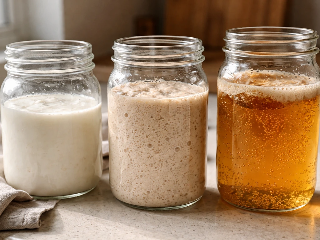 Three fermentation jars on a countertop with visible bubbling in the cultures.