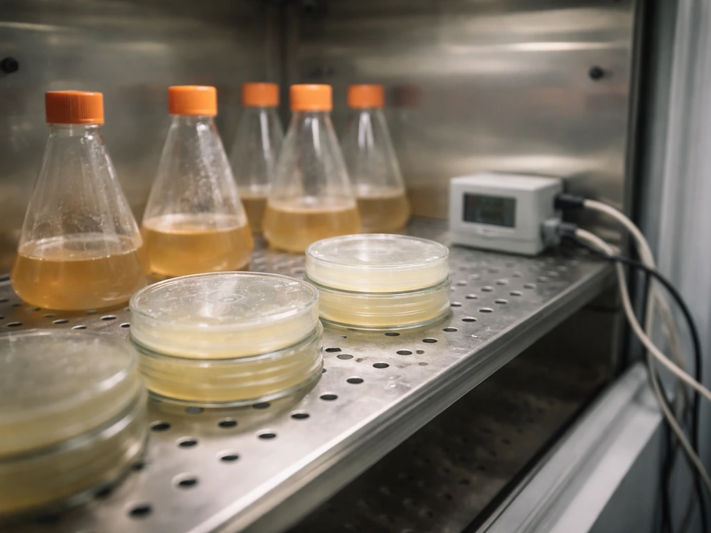 Close-up lab view of culture flasks and agar plates inside an incubator with monitoring equipment.