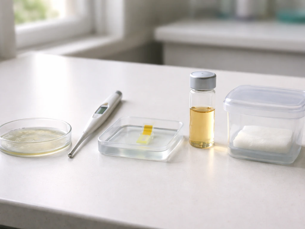 Minimal lab bench with Petri dish, nutrient vial, thermometer, pH strip, and moist sterile pad.