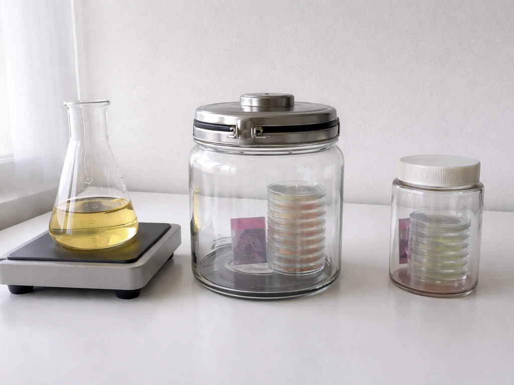Three sealed lab containers side by side showing different oxygen/gas setups with gas indicators.