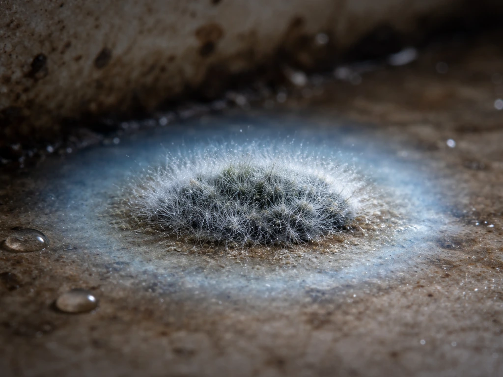 Close-up of a moist surface with fuzzy mold growth, highlighting oxygen-dependent aerobic zones visually.