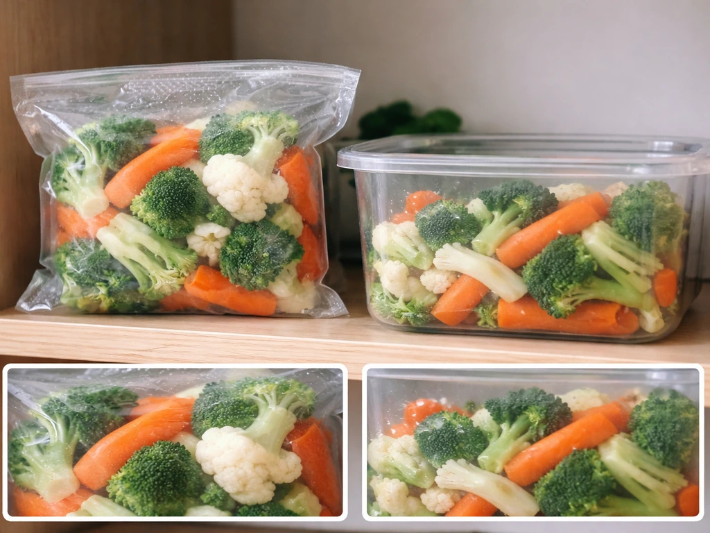 Vacuum-sealed food in clear bags beside a sealed control container to show mold suppression.