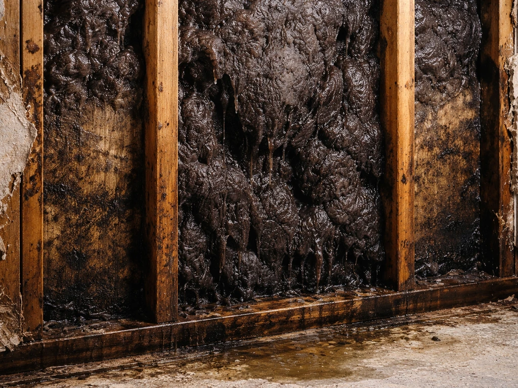 Close-up of wet insulation in an exposed wall cavity with condensation and water staining.