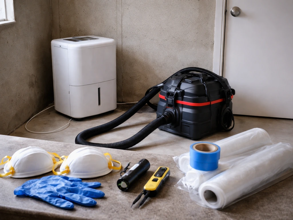Minimal mold remediation setup with dehumidifier, HEPA vacuum, gloves, respirators, plastic sheeting, and moisture meter