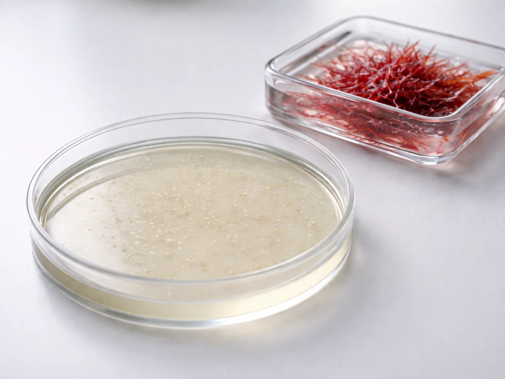 Close-up of an agar petri dish with bacterial colonies beside red algae in a small tray.