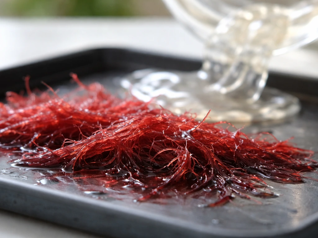 Macro photo of red algae strands with a clear gelatinous agar gel in the background, showing agar extraction context.