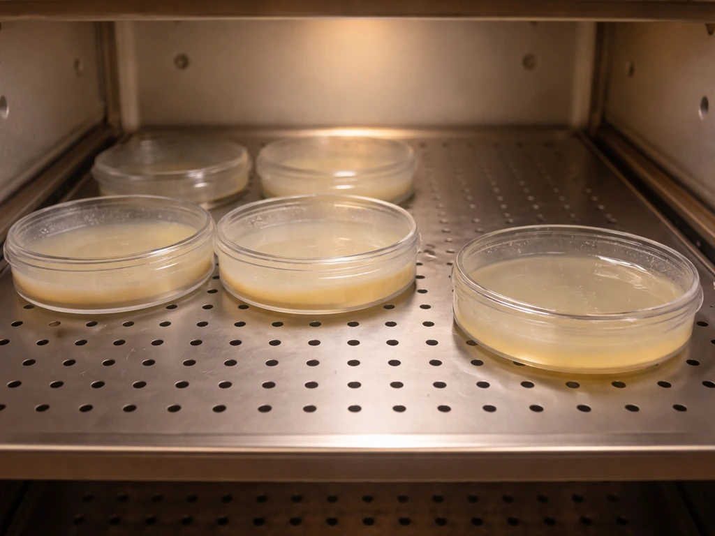 A laboratory incubator shelf with agar plates at 37°C; agar stays solid while one gelatin control appears softened.