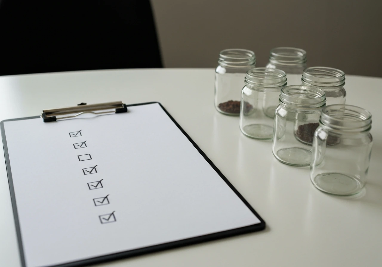 Minimal lab tabletop showing a clipboard with six checked boxes beside six unlabeled jars.