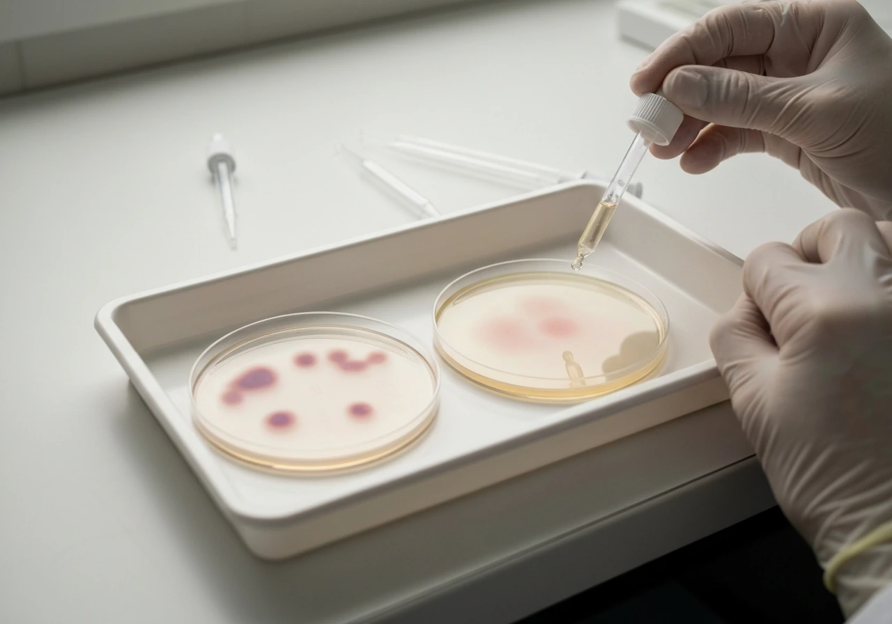 Gloved hands pipetting into clear petri dishes with subtly different tinted agar to imply pH effects.