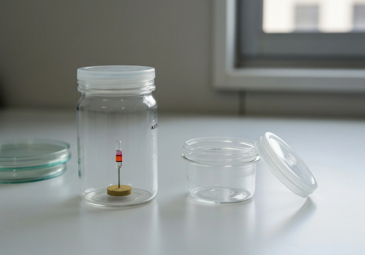 Minimal lab bench scene showing a sealed anaerobic jar and an open aerobic setup with unlabelled agar plates.