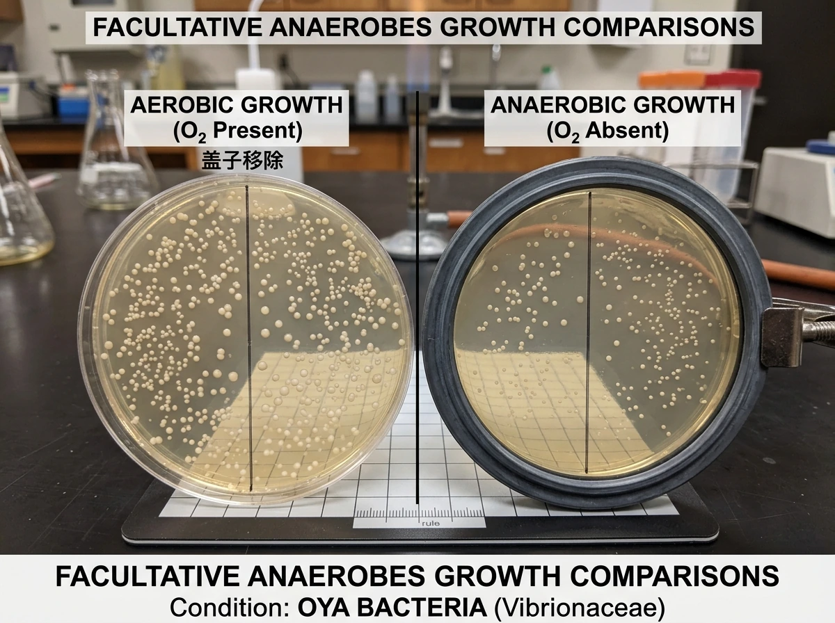 Facultative anaerobe growth shown in both oxygen-present and oxygen-absent conditions