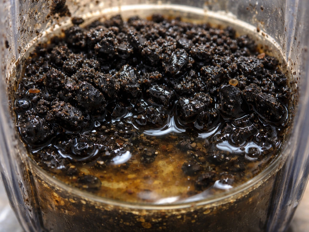 Macro view of a wet filter cartridge interior with moist carbon/resin surfaces showing biofilm-like residue.