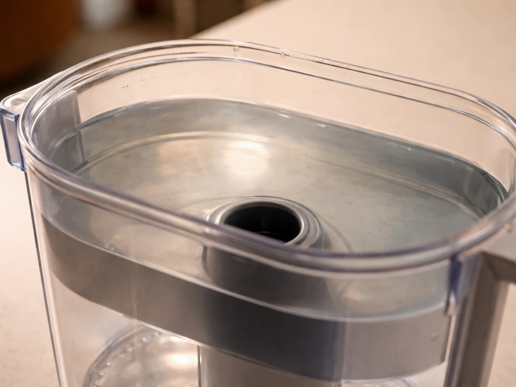 Close-up of a water filter pitcher reservoir holding still, slightly cloudy water above a dark filter area