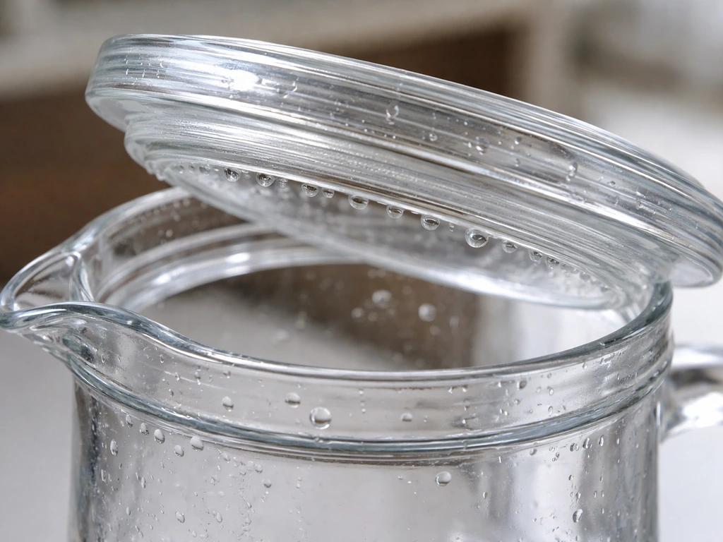 Close-up of a pitcher lid underside with water pooled in grooves and droplets along the seam