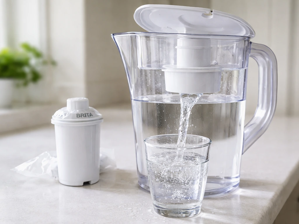 Cold water priming from a Brita-style pitcher filter spout into a glass, first-flush step