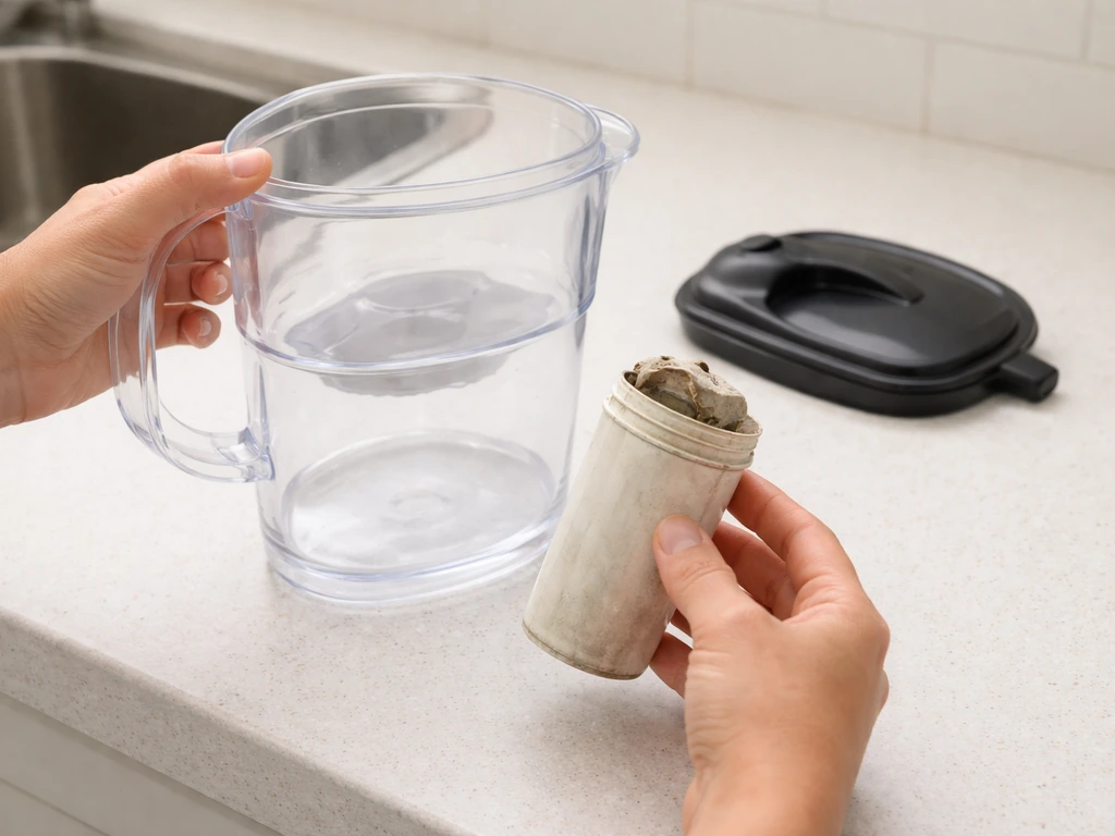 Hands separating a contaminated water filter pitcher, showing the cartridge being removed for disposal.