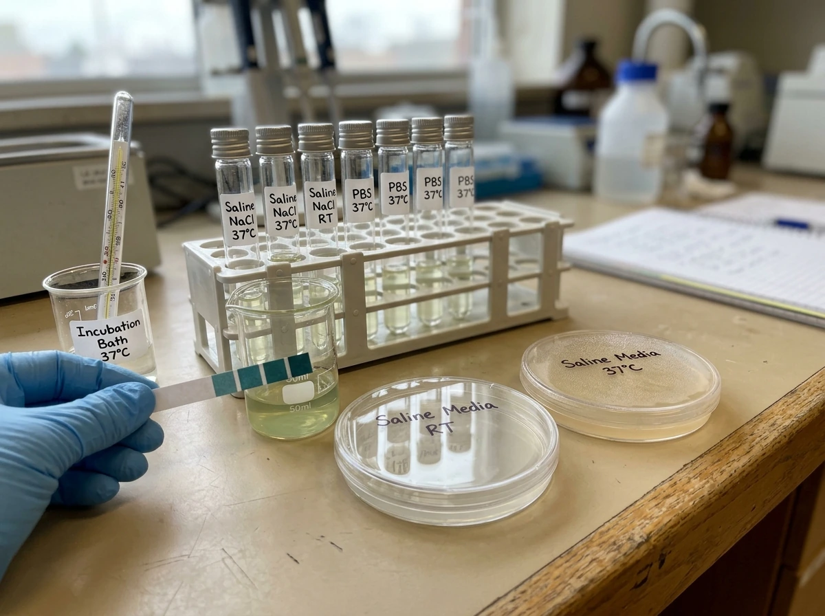 pH indicator and thermometer beside saline media to illustrate pH and temperature conditions
