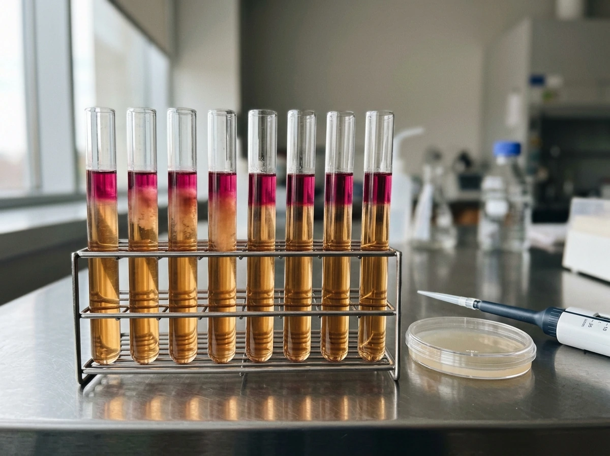 Culture tubes in a rack showing oxygen-related growth patterns for bacteria that need oxygen.