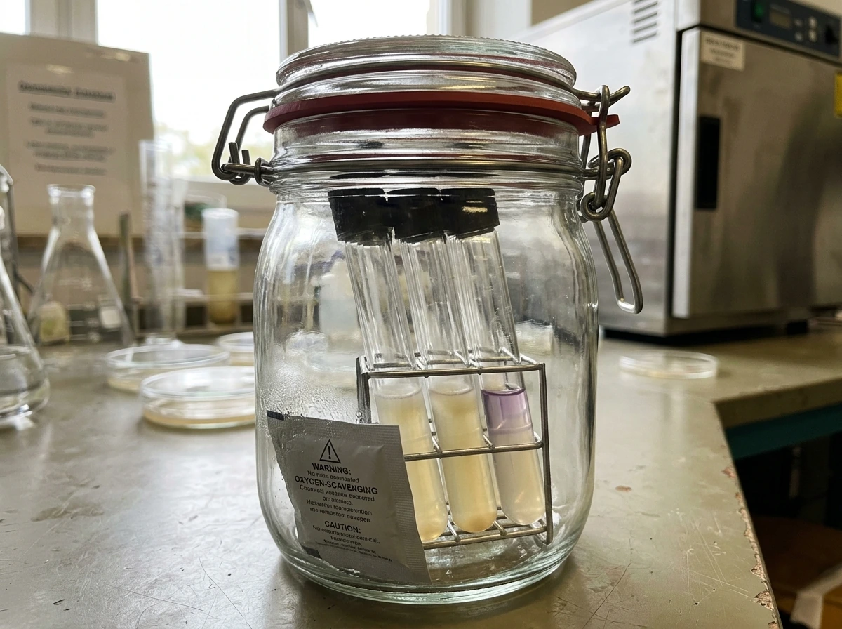 Sealed container setup showing low-oxygen incubation for microaerophiles.