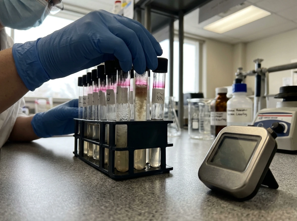 Lab bench photo showing thioglycollate tubes used to determine oxygen requirements.