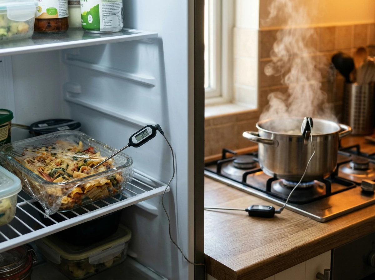 Preventing bacterial growth with cold storage and hot reheating