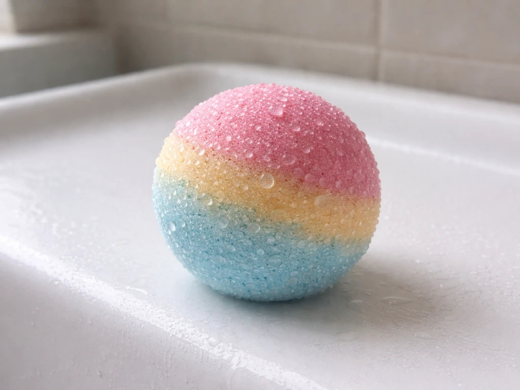Close-up of a bath bomb with tiny water droplets beading on its surface, showing moisture presence