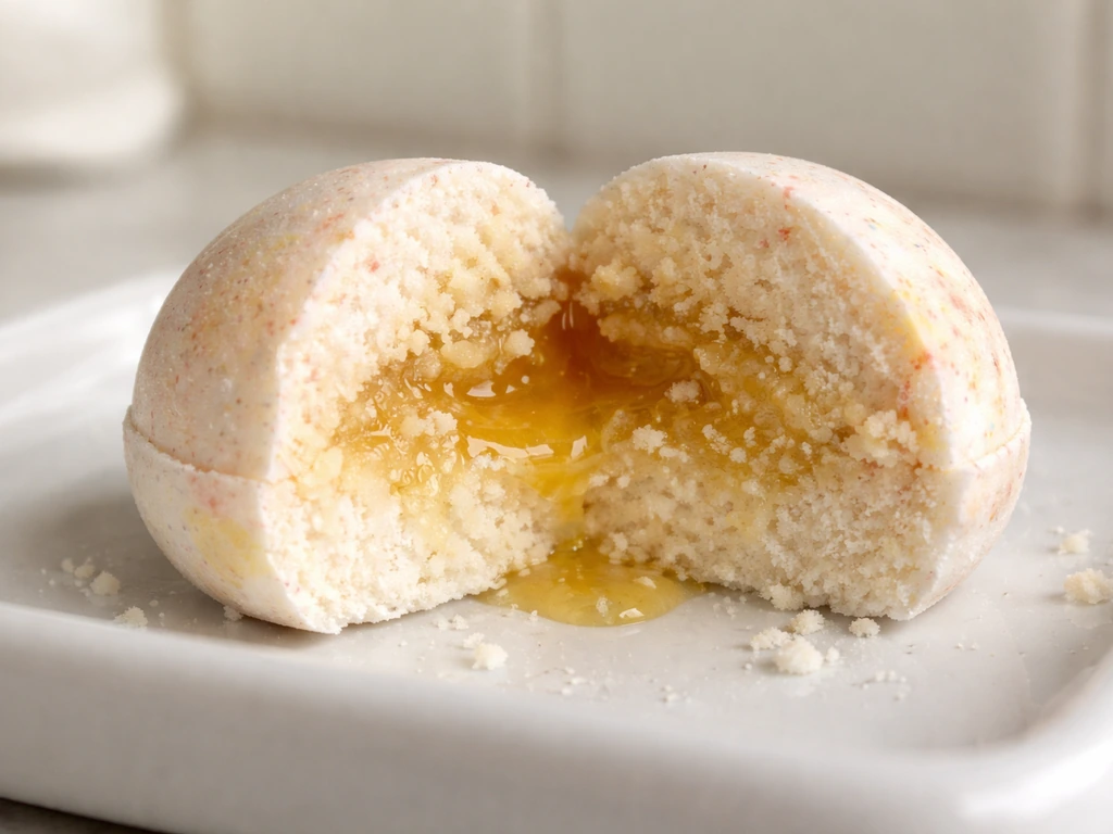 Cut-open bath bomb cross-section showing oily and granular starch layers in a simple bathroom setting