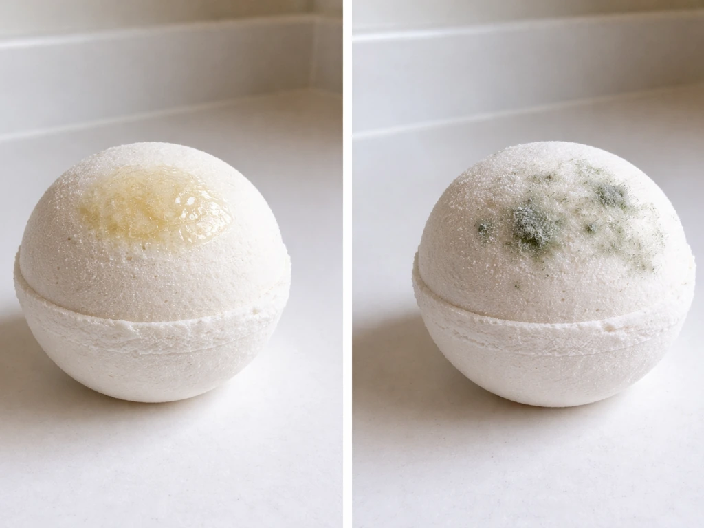Side-by-side bath bombs: one with a shiny greasy patch, one with fuzzy mold-like growth texture.