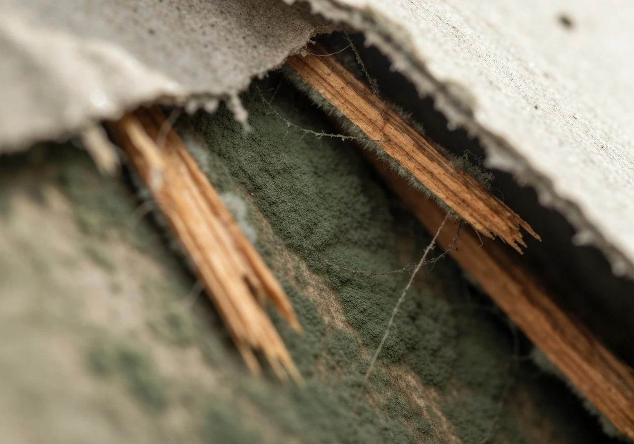 Close-up of fuzzy mold growing on water-damaged drywall and damp wood fibers.