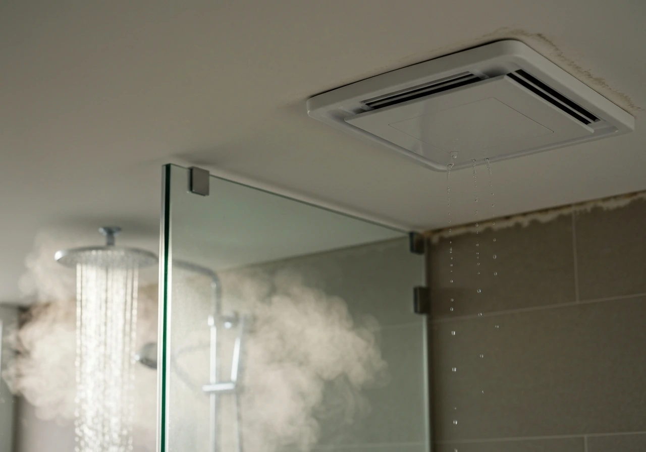 Bathroom showing steam from a shower and a ceiling exhaust fan with visible dampness near the vent.