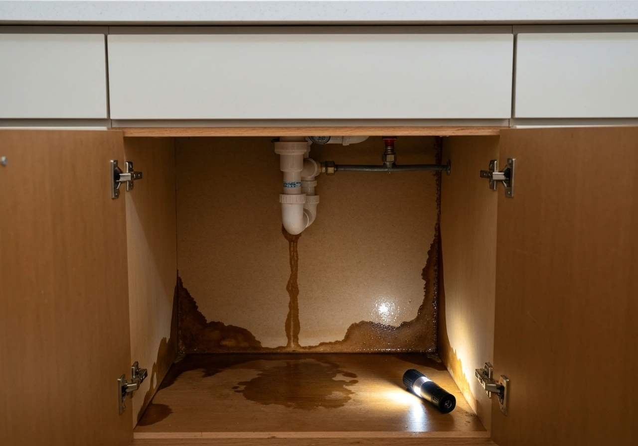Open under-sink cabinet with a flashlight showing damp wood and a stained floor area