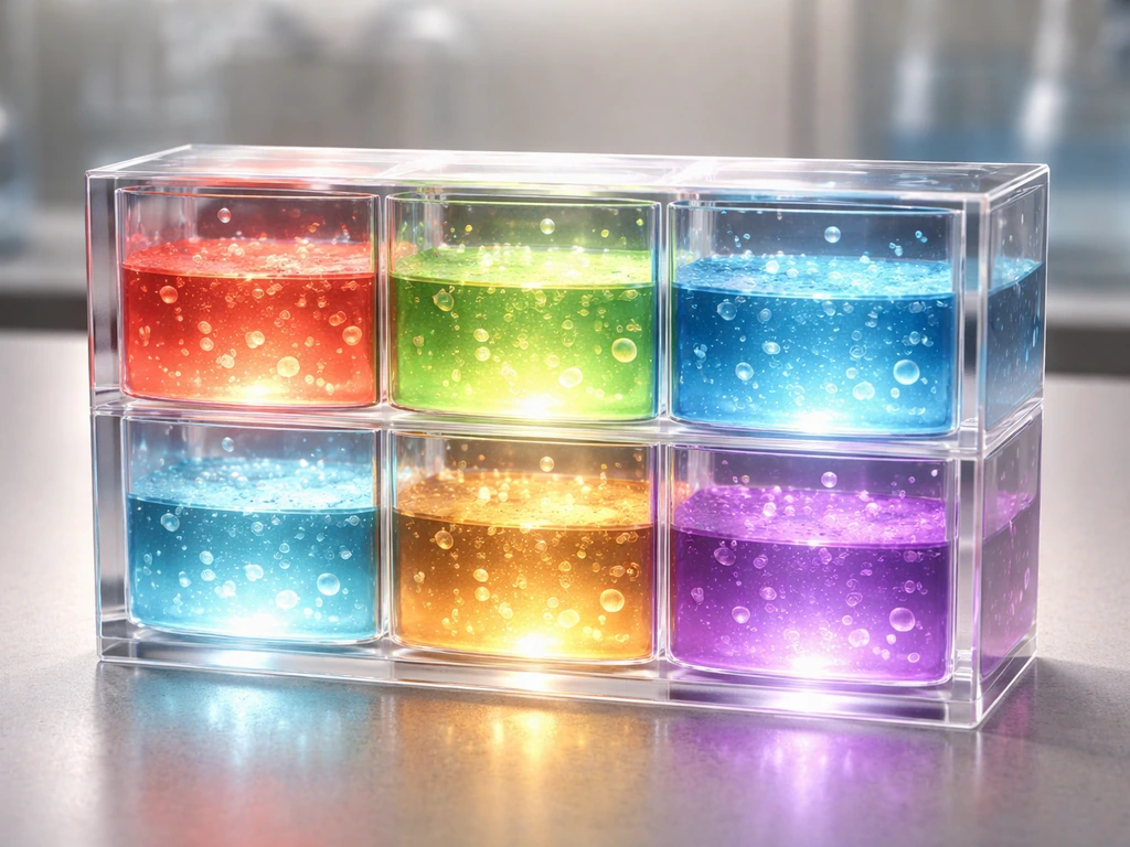 Photo-realistic lab cross-section showing six clean glowing gel compartments for bacteria growth conditions.