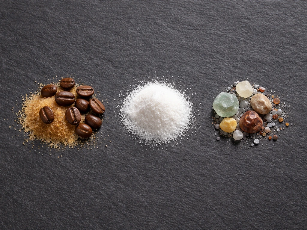 Minimal flat-lay of three ingredient groups symbolizing carbon, nitrogen, and mineral nutrients for bacteria.