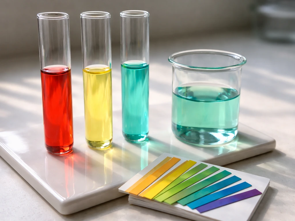 Colored pH indicator strips beside a beaker showing an acidic-to-alkaline color gradient.