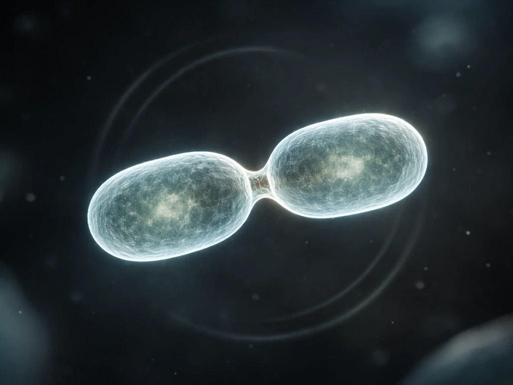 Close-up microscope-style view of a dividing cell into two, with subtle time motion blur in the background