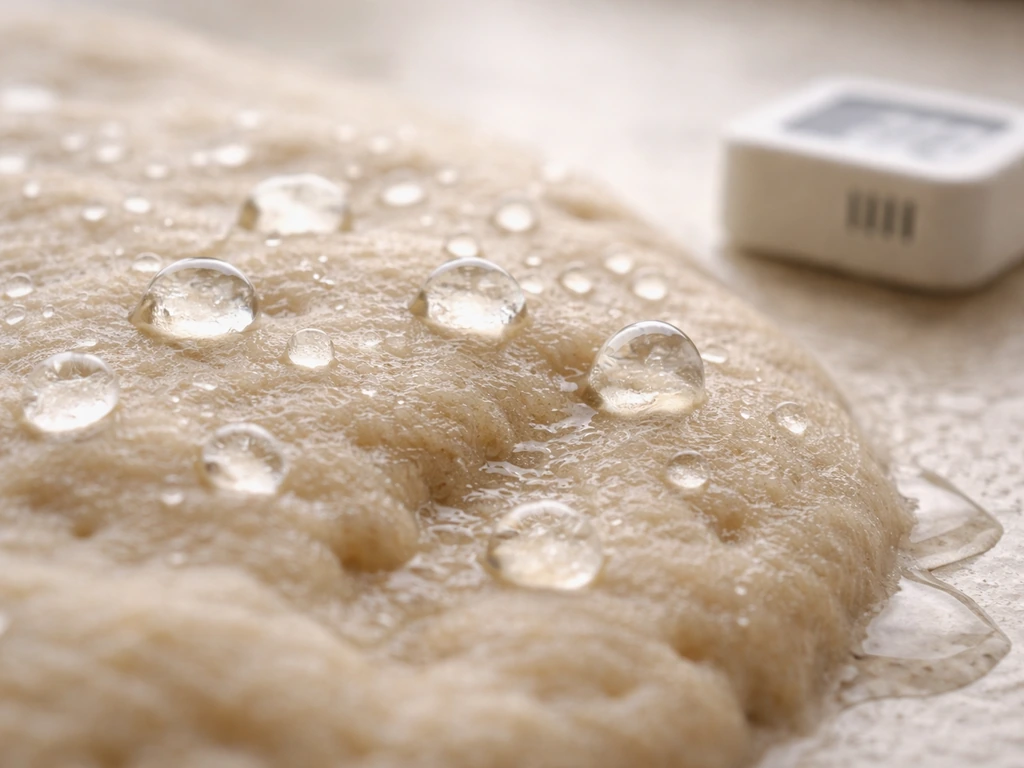 Macro of water droplets on porous dough-like surface with a small hygrometer-style sensor nearby