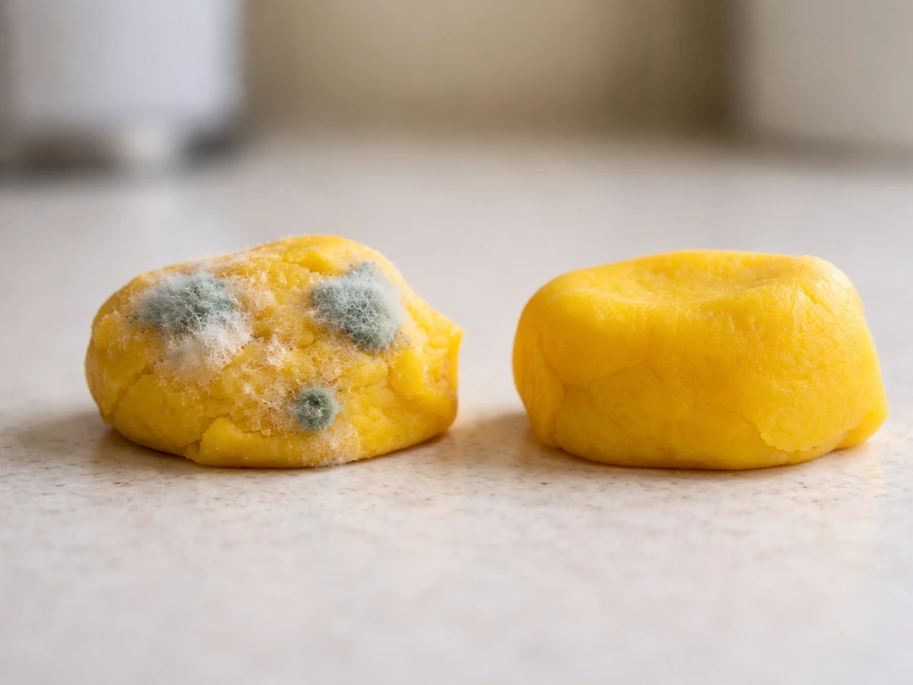 Close-up of Play-Doh with fuzzy powdery mold patches beside a clean, fresh piece.
